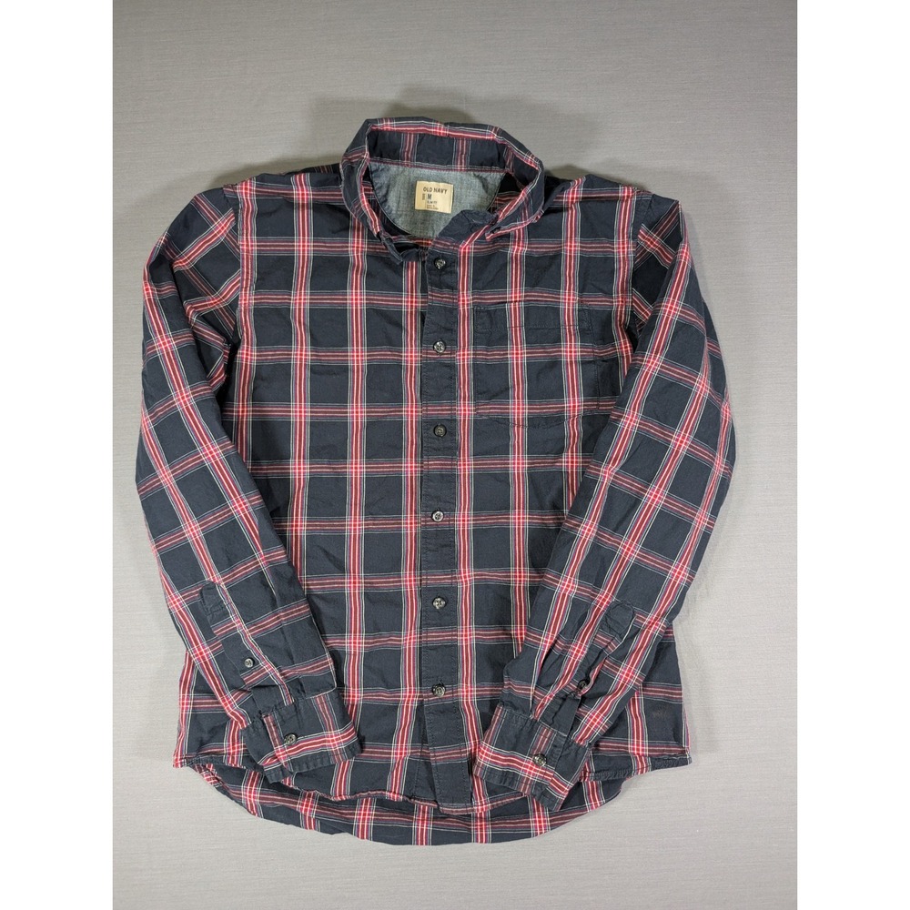 Old Navy Mens Medium Slim Fit Plaid Button Down Shirt Navy Blue Red Long Sleeve